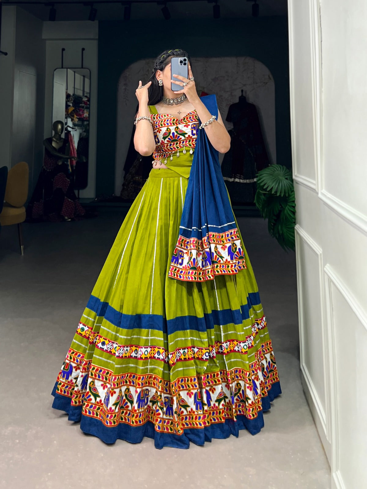 Navratri Collection 2024
Enchanting Navratri Fashion: Elegant Cotton Chaniya Choli with Authentic Gamthi Work and Gota Patti Touch-Ups for a Vibrant Celebration🦚🧿