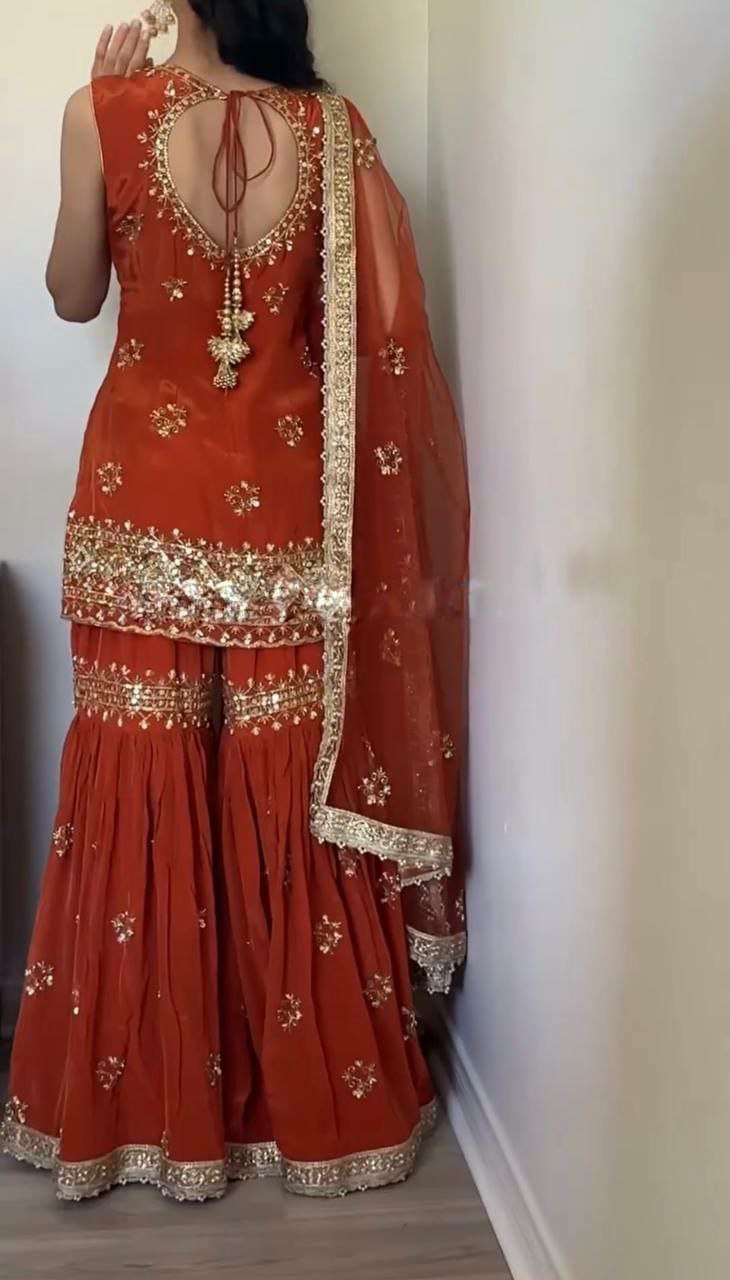 Plazzo suit set Top Fabric : Heavy Faux Georgette With 5mm Embroidery Sequence Work With Full Sleeve
Top Inner  : Heavy Micro Cotton 
Top Length      : 38-39 Inch
Top Size           :      M(38),L(40),XL(42),XXL(44)
(FULLY STITCHING