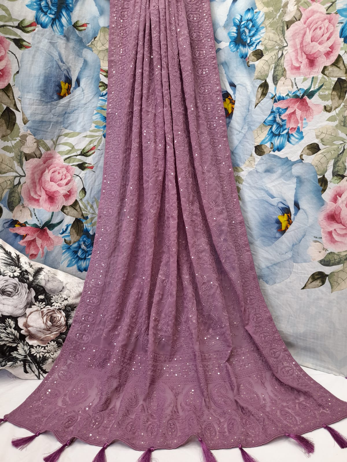 ALLOVER TONE TO TONE LUCKNOWI CHIKANKARI SAREE WITH SEQUENCE WORK ON GEORGETTE saree