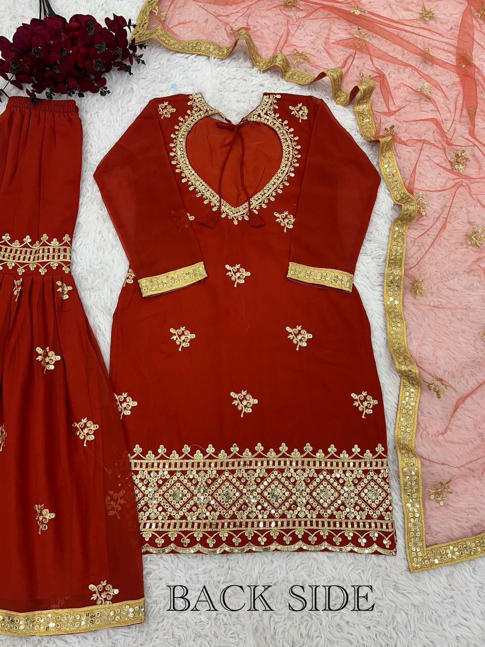 Plazzo suit set Top Fabric : Heavy Faux Georgette With 5mm Embroidery Sequence Work With Full Sleeve
Top Inner  : Heavy Micro Cotton 
Top Length      : 38-39 Inch
Top Size           :      M(38),L(40),XL(42),XXL(44)
(FULLY STITCHING
