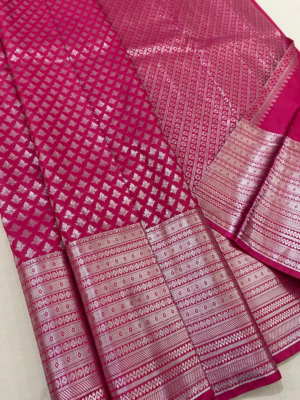Kanchipuram semi silk sareesbeautiful pink colour and   Silver saree good quality