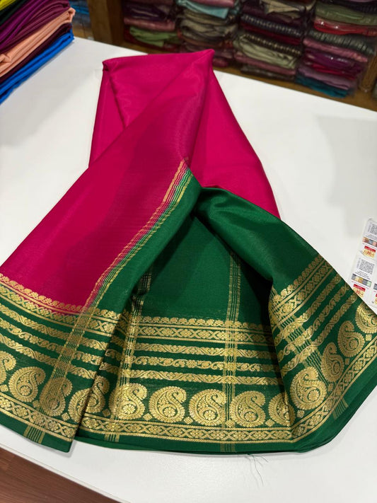 Pure Mysore silk sarees 
75 grm thickness Traditional  border Mysore silk sarees with all beautiful self colour big mango traditional