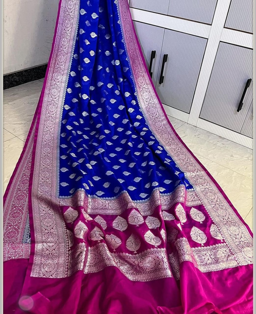Banarasi Georgette Semi Katan 
Sarees Pure Silk Look With Exclusive Silver Zari Woven  Border Butis Body Rich Jacquard Pallu