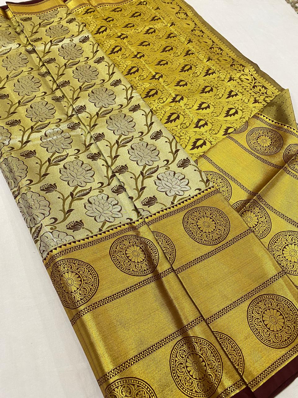 Kanchipuram semi Tishu silk sarees
Beautiful Design 
beautiful tishu bridal Semi silk sarees*