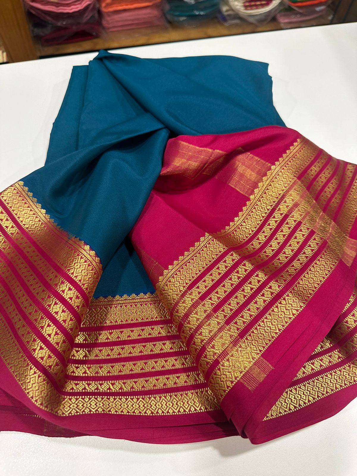 Pure Mysore silk sarees 
110 grm thickness  
Silk mark certified
Traditional lines border mysore silk sarees which comes with beautiful color combination