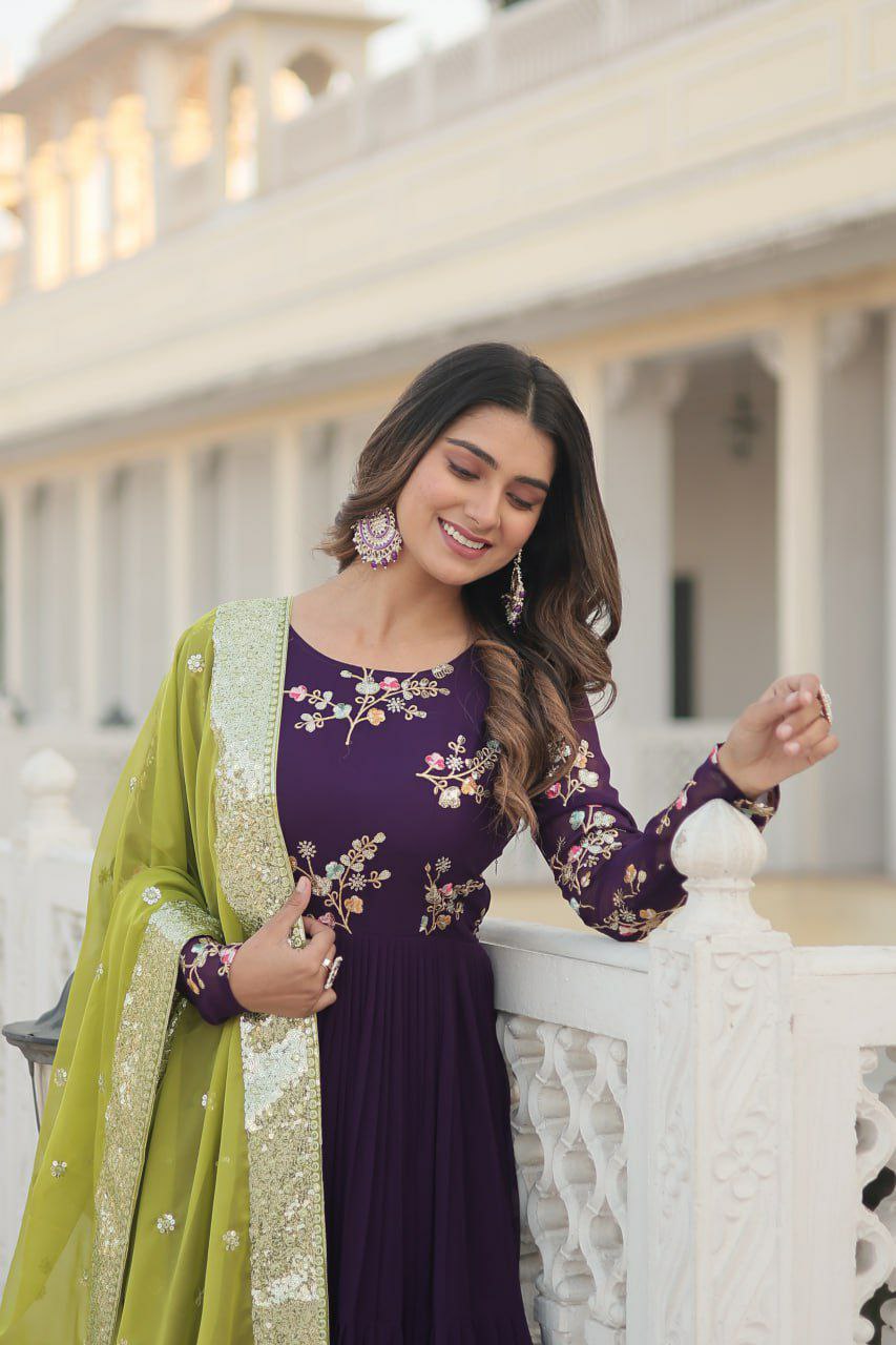 GOWN  set
FABRICS & Work :- Faux Georgette with Embroidered and Multi-Sequins work