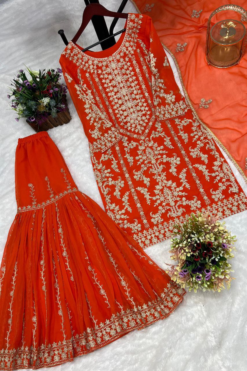 BEAUTIFUL BRIDAL SHARARA SET 3 PIECE KURTI WITH SHARARA AND DUPATTA