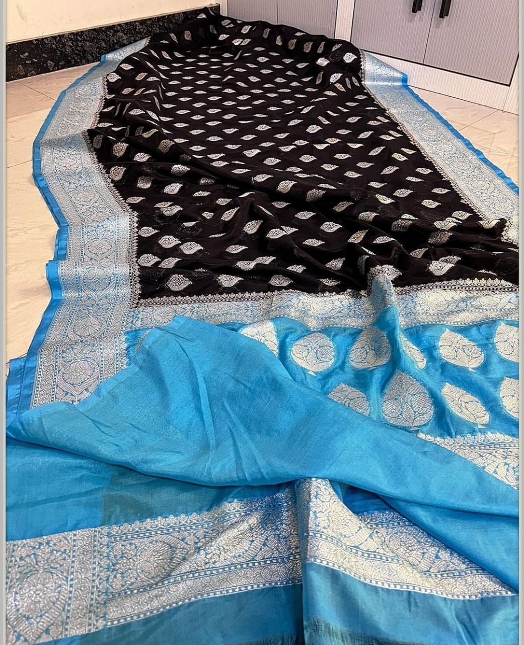 Banarasi Georgette Semi Katan 
Sarees Pure Silk Look With Exclusive Silver Zari Woven  Border Butis Body Rich Jacquard Pallu
