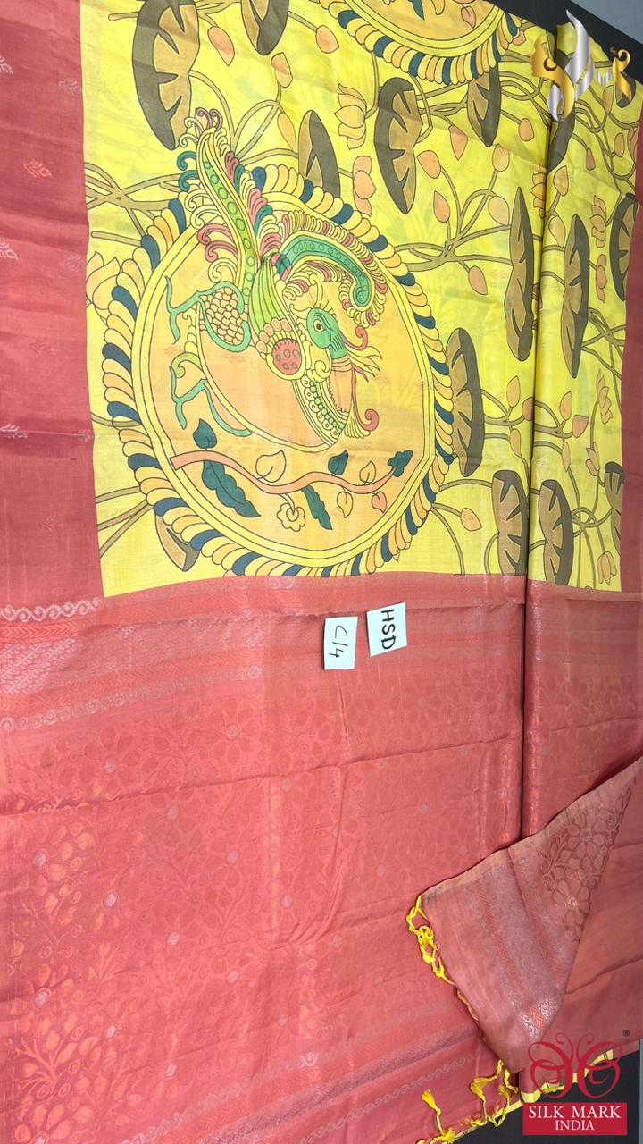 Original kanchipuram handloom silk  exclusive  TRADITIONAL  DESIGN KALAMKARI/PICHWAI design DIGITAL PRINTED Softsilk sarees*