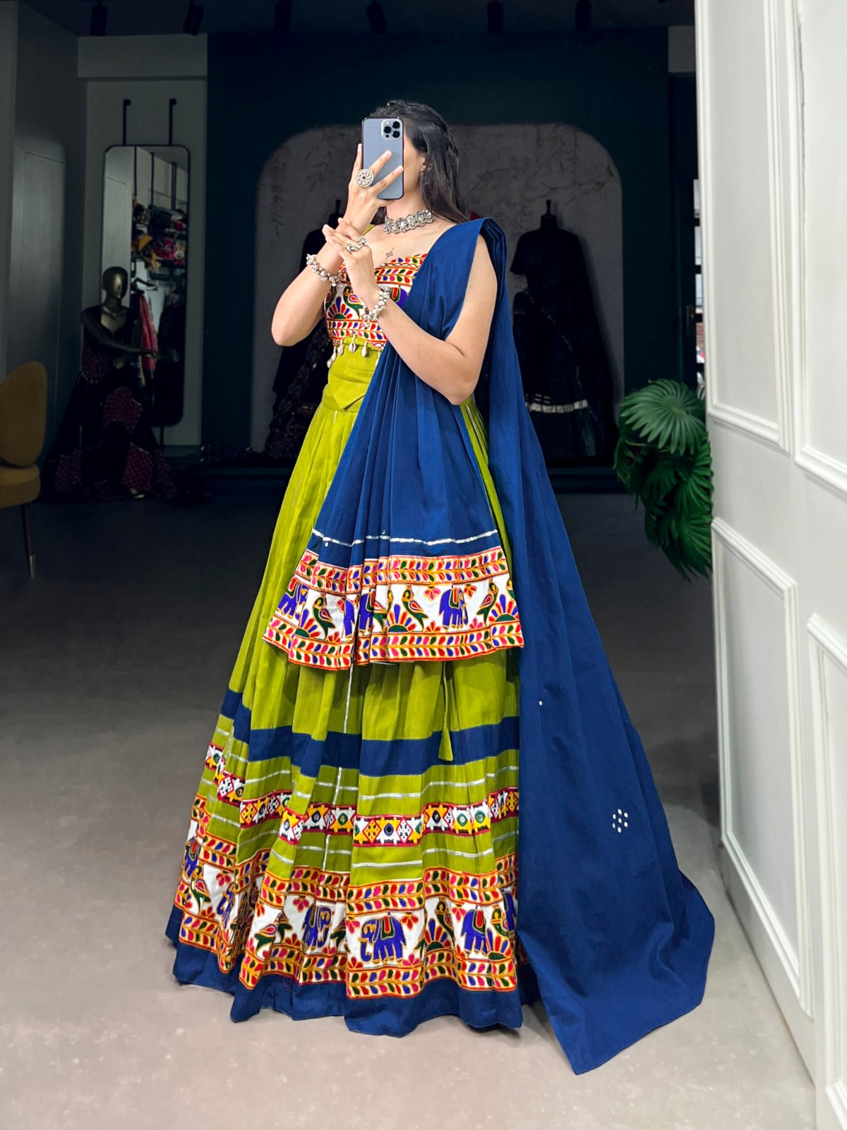 Navratri Collection 2024
Enchanting Navratri Fashion: Elegant Cotton Chaniya Choli with Authentic Gamthi Work and Gota Patti Touch-Ups for a Vibrant Celebration🦚🧿