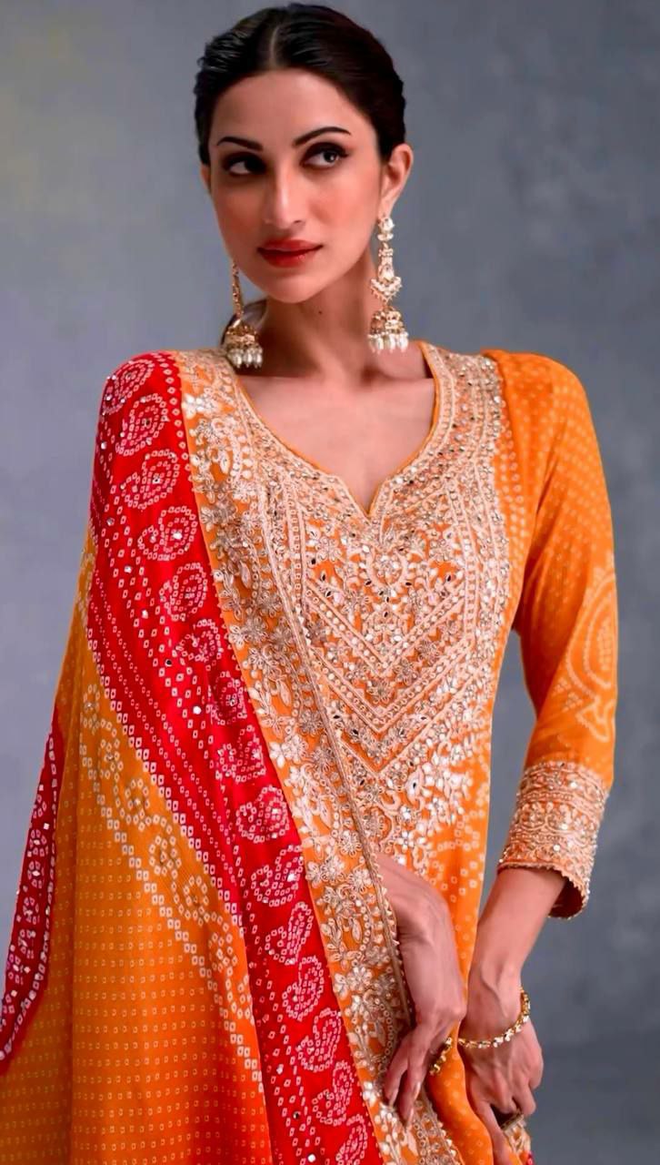 Designer plazo suit set          Heavy Chinon With Digital Print With Embroidery Sequence Work With Heavy With Full Sleeve