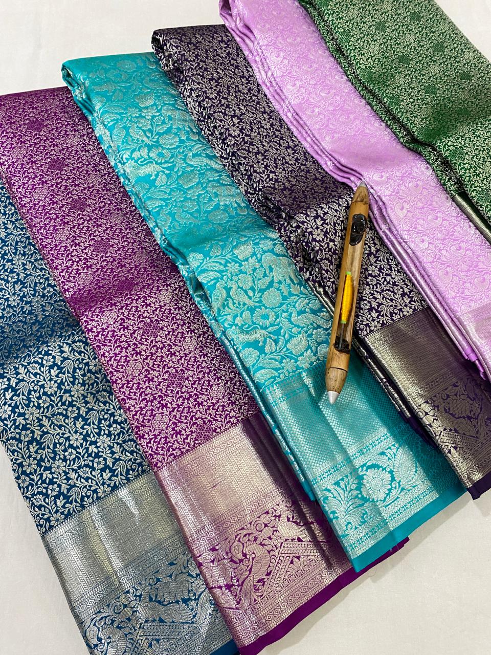 Kanchipuram Handloom pure silk saree
Beautiful fancy Design
silver zari collection beautiful wedding grand  type sarees*