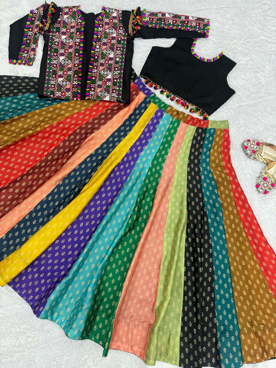 Multi colour lehenga choli with jacket
Koti
Koti Fabric : Heavy Mono Silk
Koti Work : Fancy Gamthi Embroidery With Real Mirror Work And Multiple Fancy Lace Work