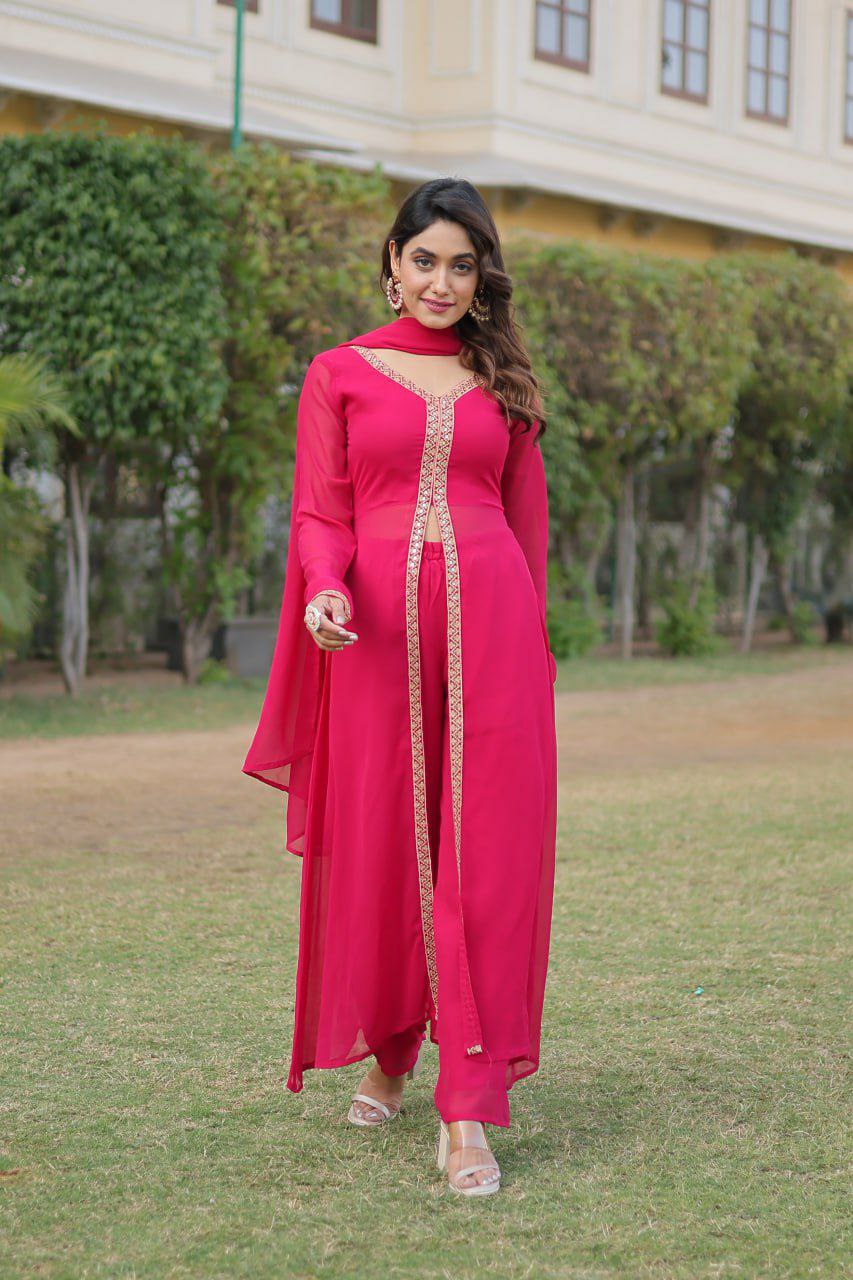 Fancy suit set                        FABRIC & WORK :- Faux Blooming With Embroidered Work