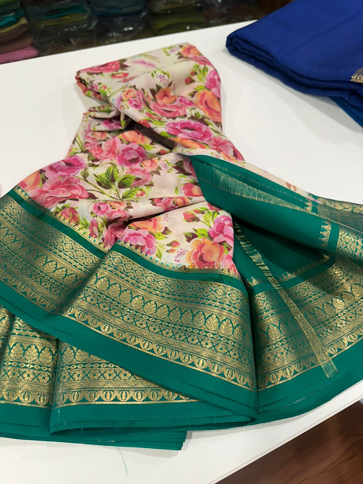 Pure Mysore silk saree
Silk mark certification 
75  grm  thickness 
Comes with contrast  blouse piece 
digital prints Printed Mysore silk sarees with heavy quality