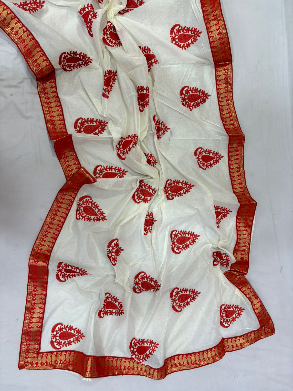 White Red cotton Saree