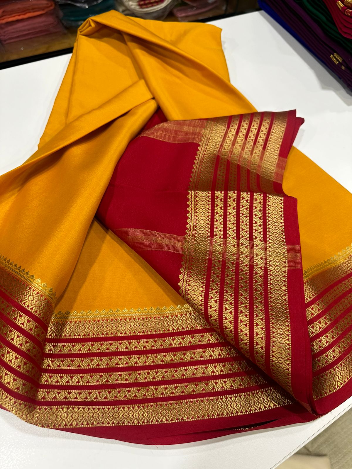 Pure Mysore silk sarees 
110 grm thickness  
Silk mark certified
Traditional lines border mysore silk sarees which comes with beautiful color combination