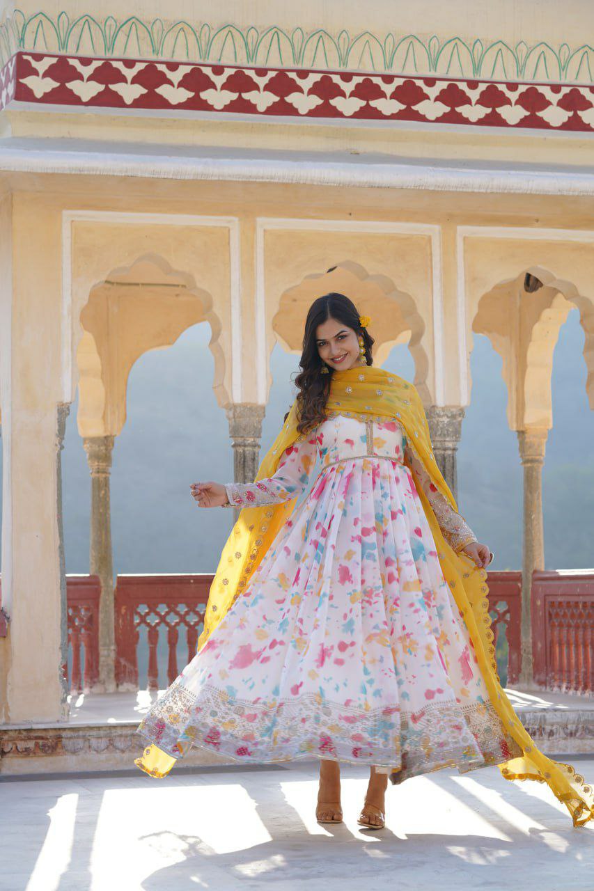 Anarkali suit set Digital printed Russian silk With  Embroidery Zari Sequins-work