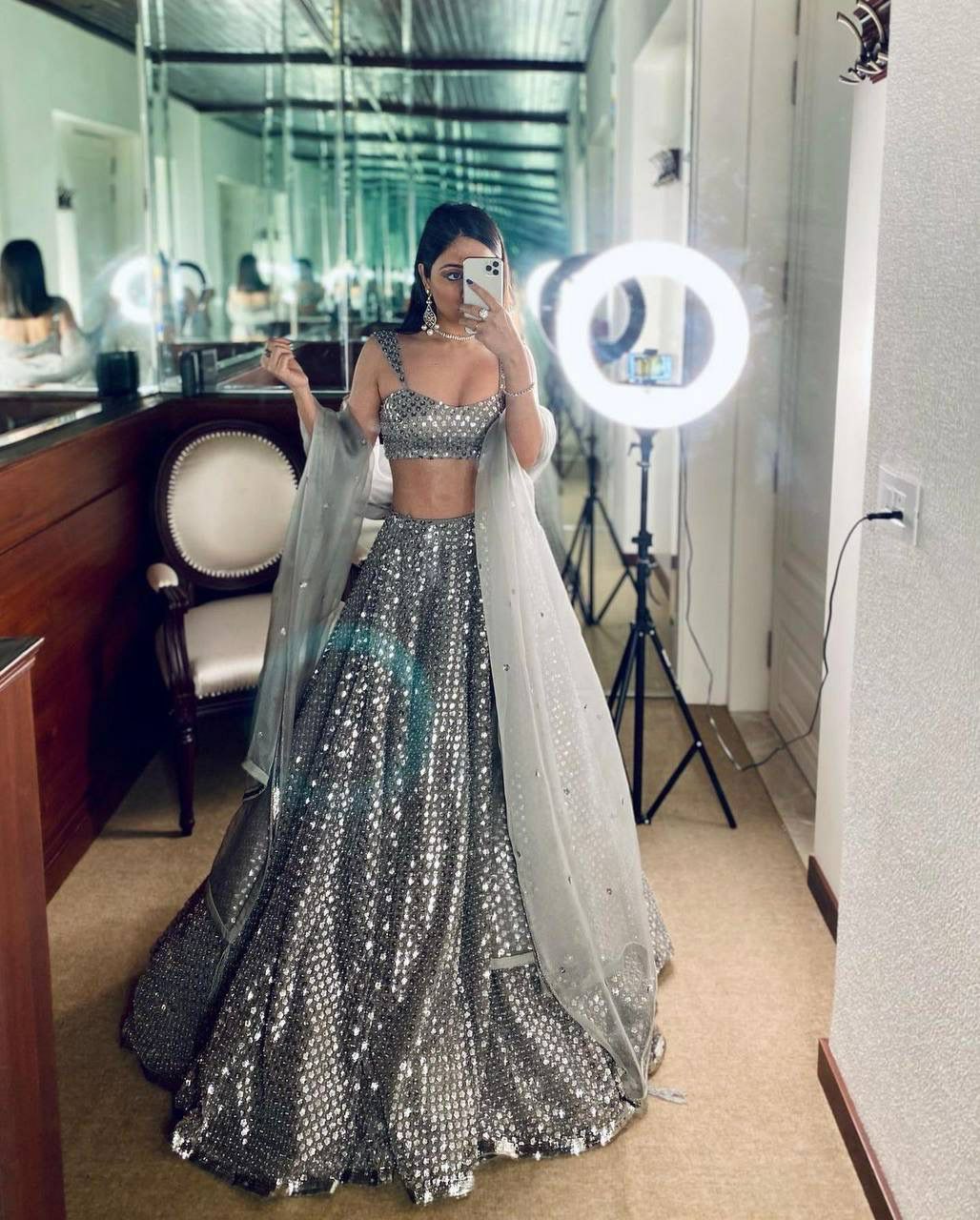 Fancy designer lehenga choli. Kasturi crep silk lehnga with sequence work + can can attach 
( Flair 4.25 meter  )
Kasturi crep silk blouse with sequnece work all over front & back ( Unstich )
Glossy orgenza Duppata with sequence work & border work