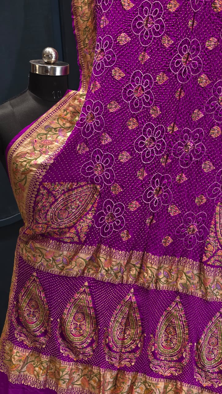 Pure banarasi georgette with Pasmina half and half designer rai bandhej saree Mejanta color