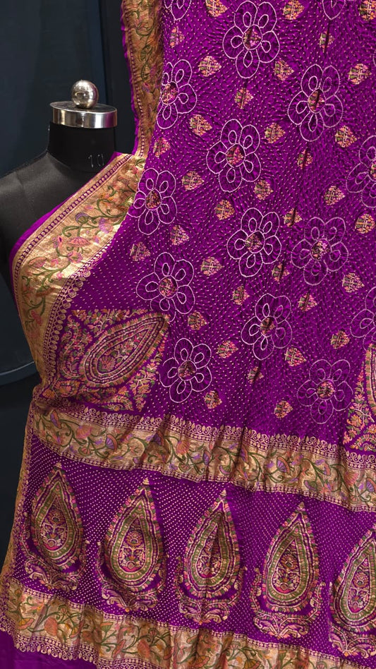 Pure banarasi georgette with Pasmina half and half designer rai bandhej saree Mejanta color