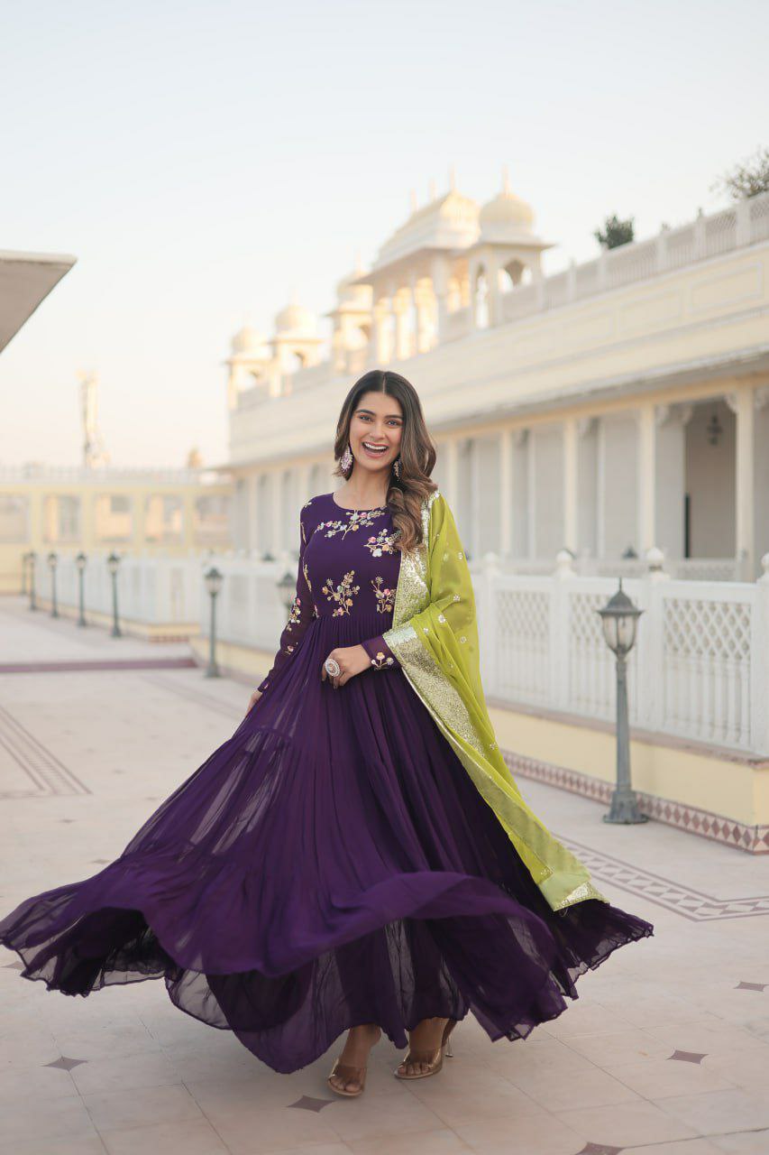 GOWN  set
FABRICS & Work :- Faux Georgette with Embroidered and Multi-Sequins work
