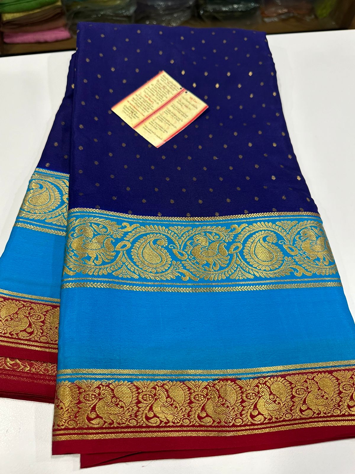 Pure Mysore silk sarees
120 grm thickness  with rich pallu 
Silk mark certified
Big mango n peacock design on border