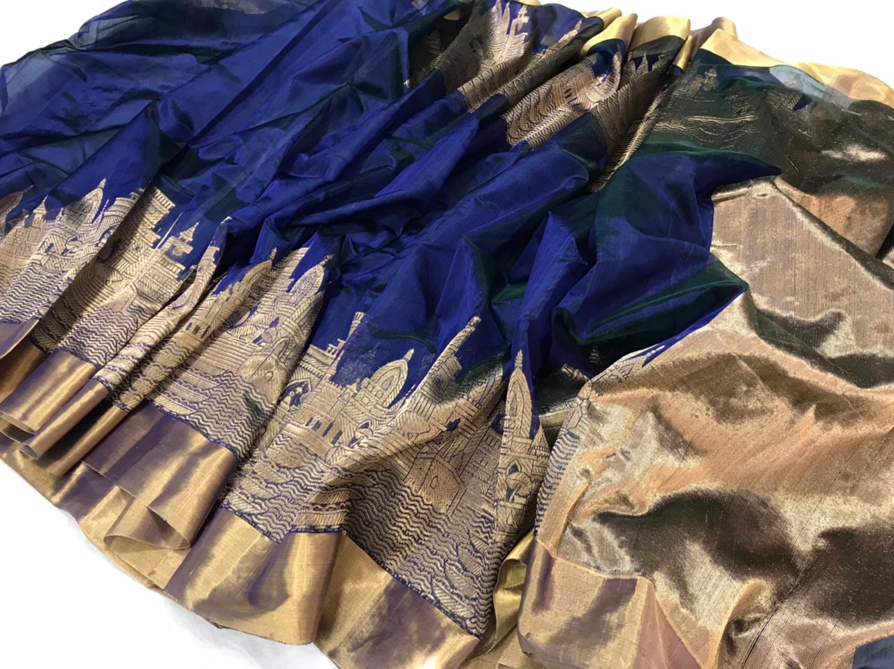 Chanderi pattu silk handborder mandir design saree