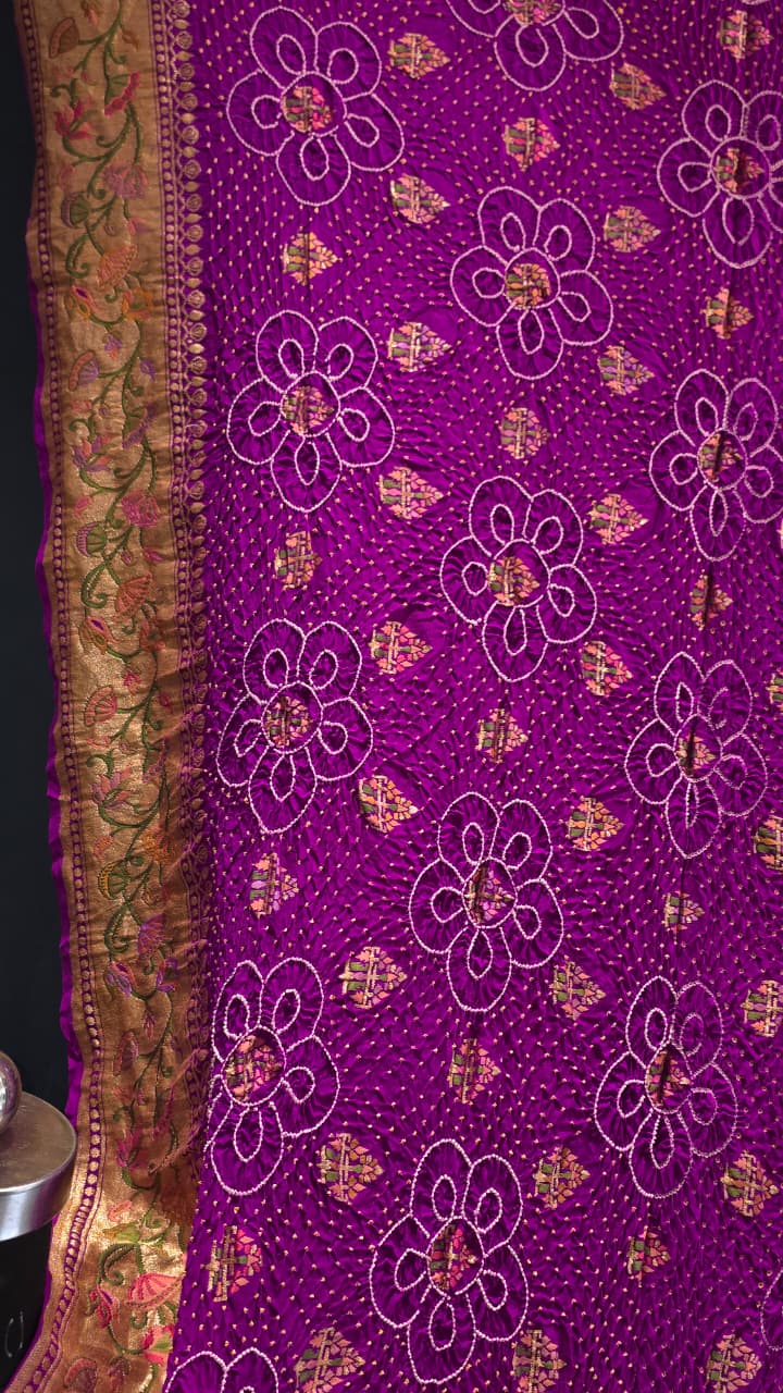 Pure banarasi georgette with Pasmina half and half designer rai bandhej saree Mejanta color
