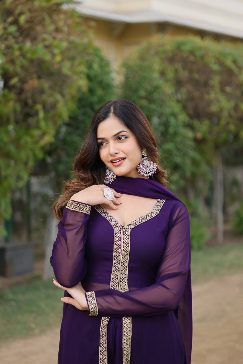 Fancy suit set                        FABRIC & WORK :- Faux Blooming With Embroidered Work