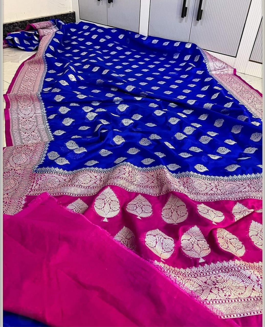 Banarasi Georgette Semi Katan 
Sarees Pure Silk Look With Exclusive Silver Zari Woven  Border Butis Body Rich Jacquard Pallu