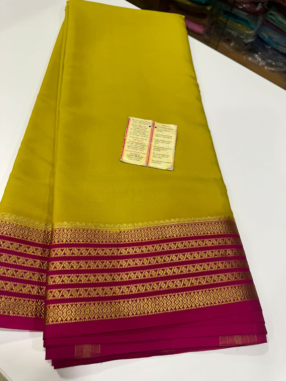 Pure Mysore silk sarees 
110 grm thickness  
Silk mark certified
Traditional lines border mysore silk sarees which comes with beautiful color combination