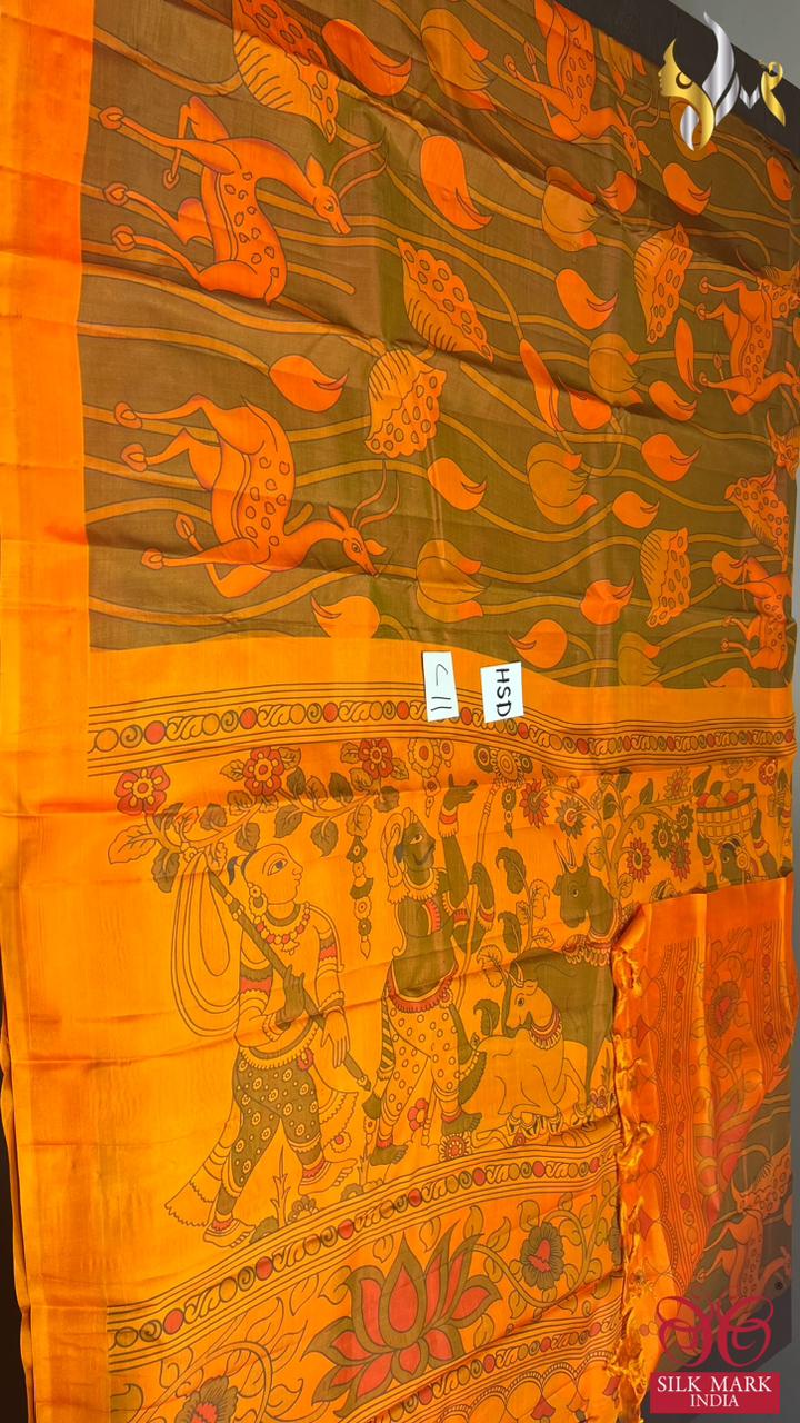 Original kanchipuram handloom silk  exclusive  TRADITIONAL  DESIGN KALAMKARI/PICHWAI design DIGITAL PRINTED Softsilk sarees*