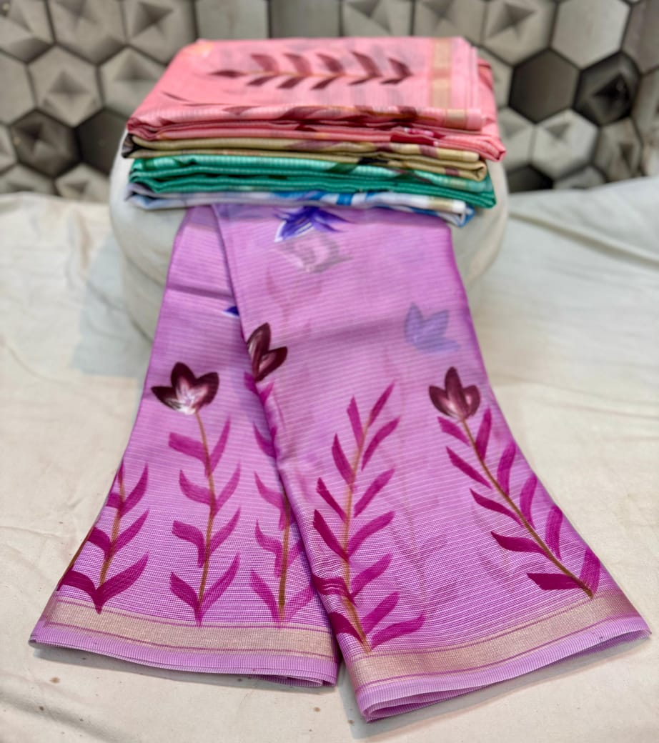 HANDWOVEN BANARASI KOTA CHEK HAND BRUSH PRINT SAREE*