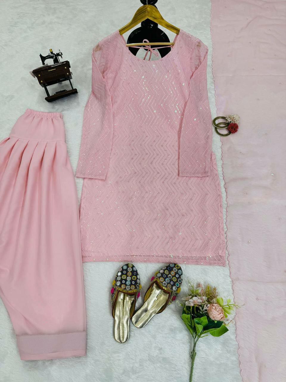 Suti set with dupatta 
Fabric :   Foux gorgette 
Inner   : Micro
Work  : thread with Sequnce  
Stich : M(38),L(40),XL(42) with xxl margin