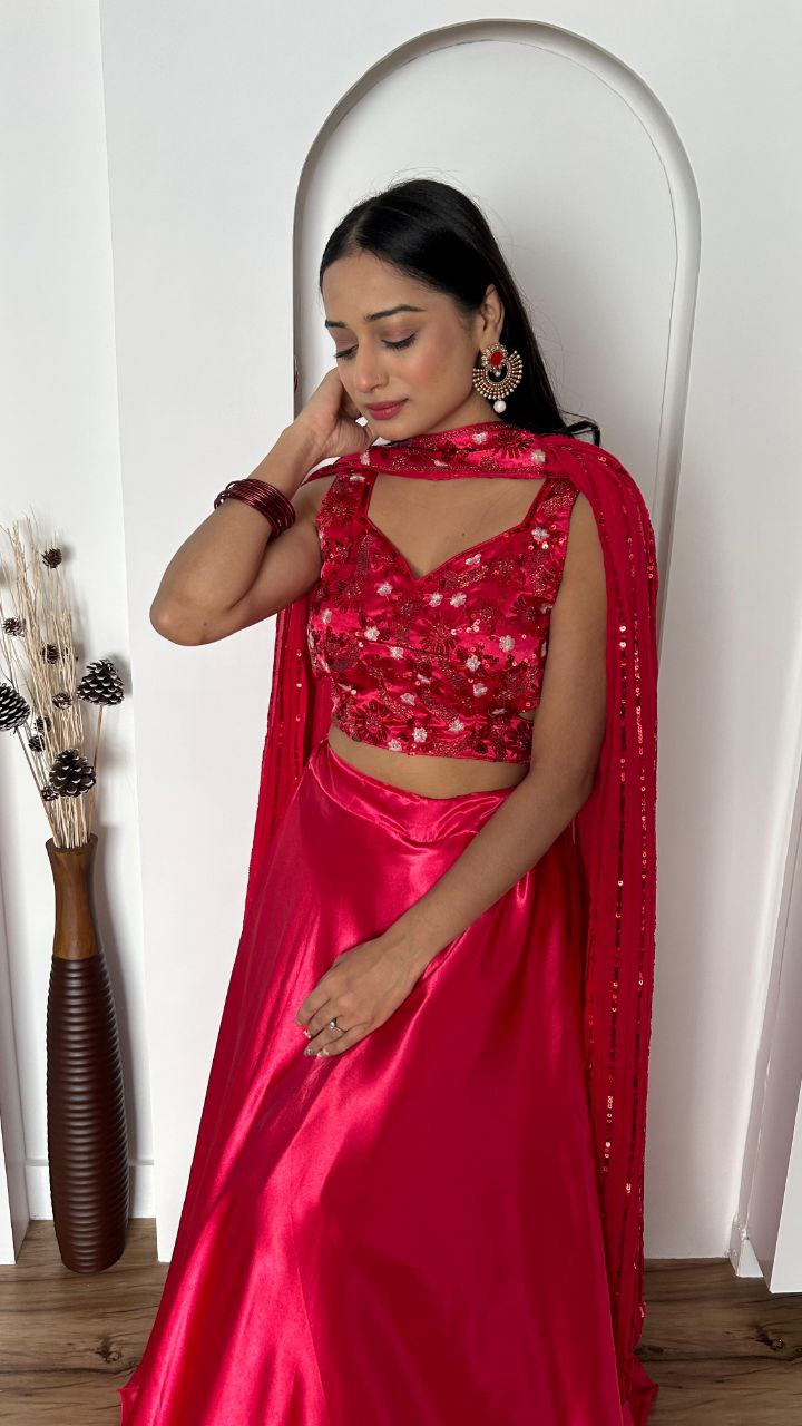 Beautiful lehenga collection Japan satin silk lehnga with 4.75 meter flair 
can can attach
Japan satin silk blouse with Dori , sequins & thread work ( unstitch )
Georgette stitched Duppata with Dori , sequins & thread work