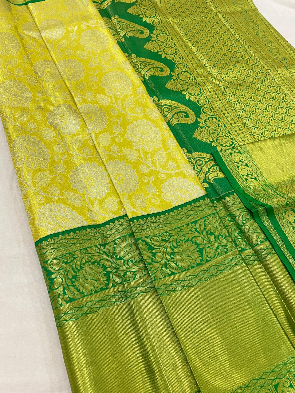 Kanchipuram semi Tishu silk sarees
Beautiful Design 
beautiful tishu bridal Semi silk sarees*