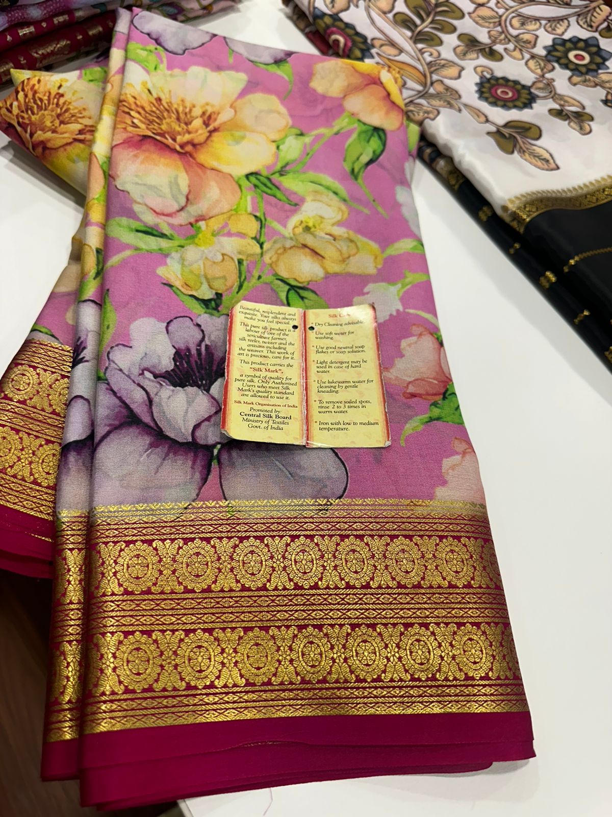 Pure Mysore silk saree
Silk mark certification 
75  grm  thickness 
Comes with contrast  blouse piece 
digital prints Printed Mysore silk sarees with heavy quality