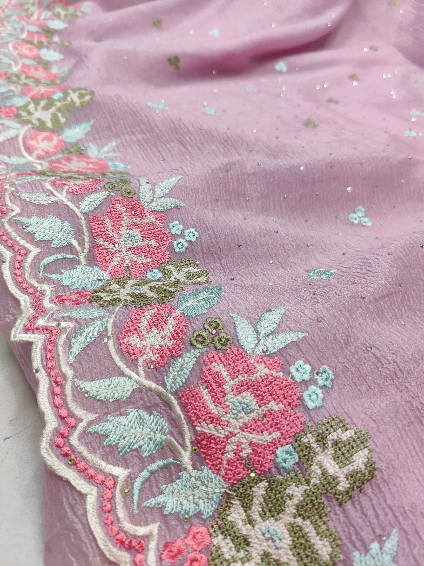 Allover crosstich work border and allover swaroski stone on crush chiffon* 
Saree