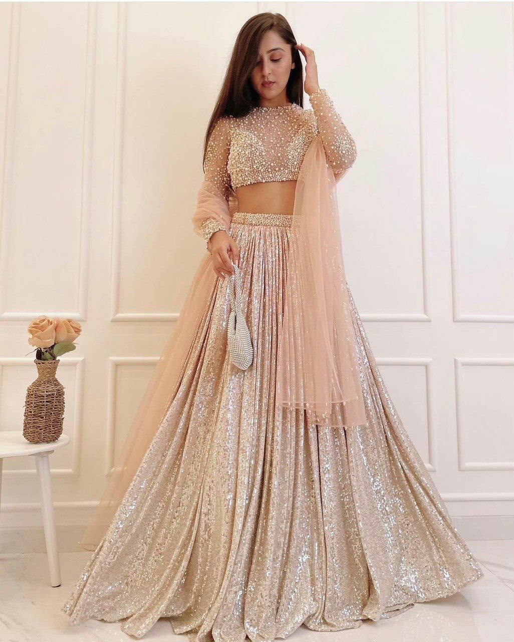Party wear lehenga collection satin silk padding lehnga with sequence work 
Flair 3 meter
Can can attach
 Net blouse with Pearl , sequnece & zari work all over front & back ( Unstich )
Net Duppata with Pearl border work