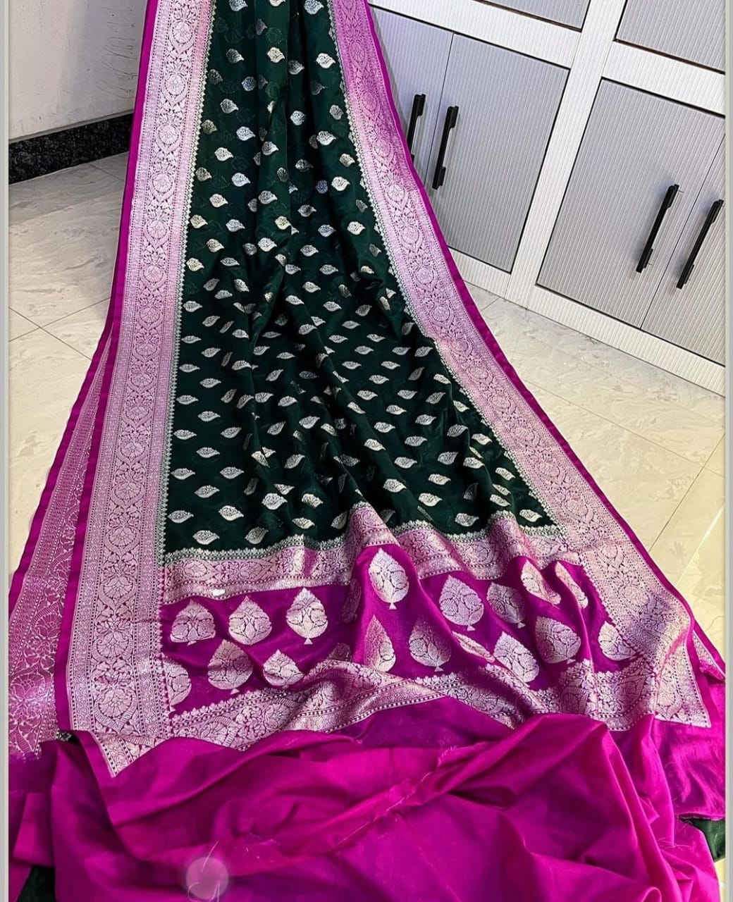 Banarasi Georgette Semi Katan 
Sarees Pure Silk Look With Exclusive Silver Zari Woven  Border Butis Body Rich Jacquard Pallu
