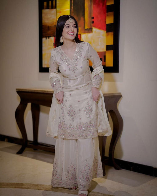 Designe sharara suit set Ready Made Collection Fancy Embroidery And Sequins Work Top - Plazzo With Dupatta
Set
