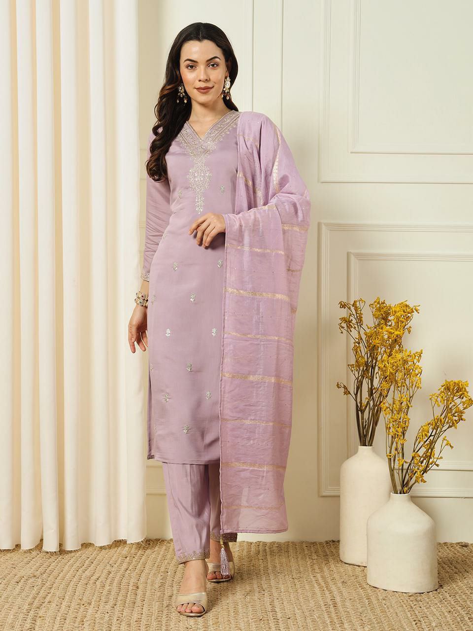 New Designers Kurti Pent Dupatta Set
Roman Silk with Beautiful Embroidery With Sequences