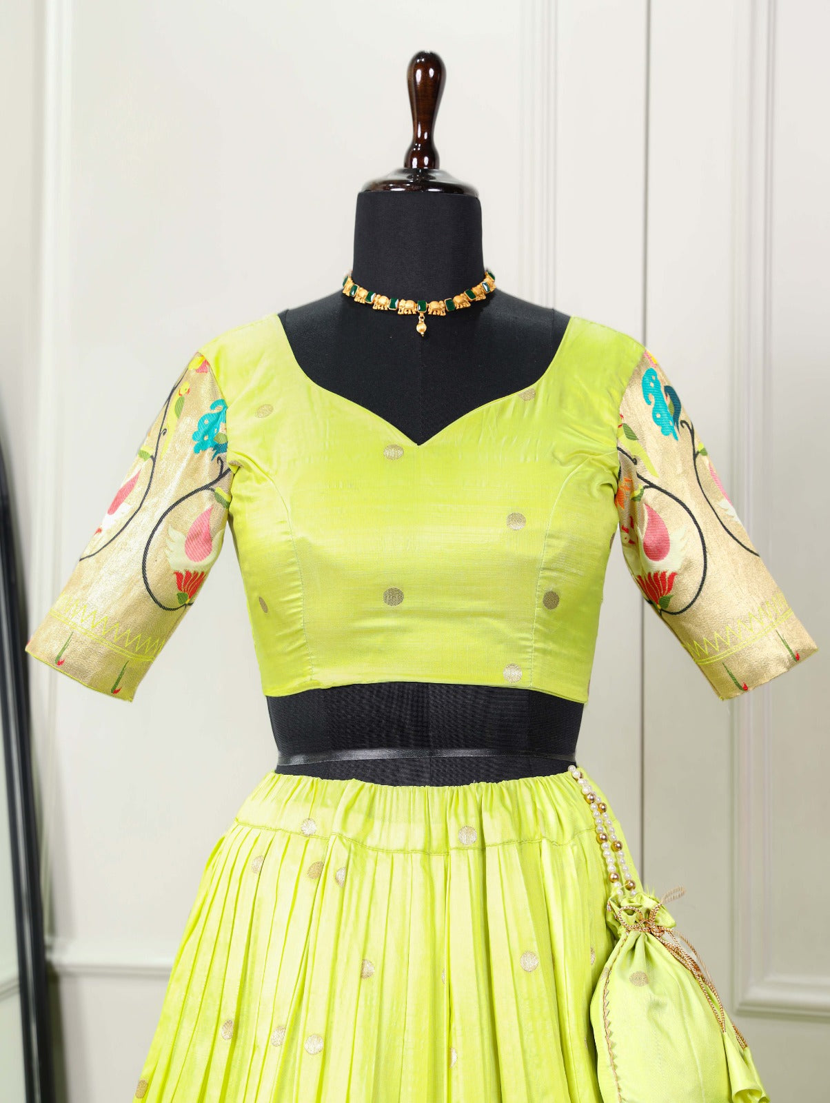 Paithani collection 
In the midst of modern trends, the Parrot Paithani lehenga choli stands as a beacon of tradition, reminding us of the beauty found in our roots💚.