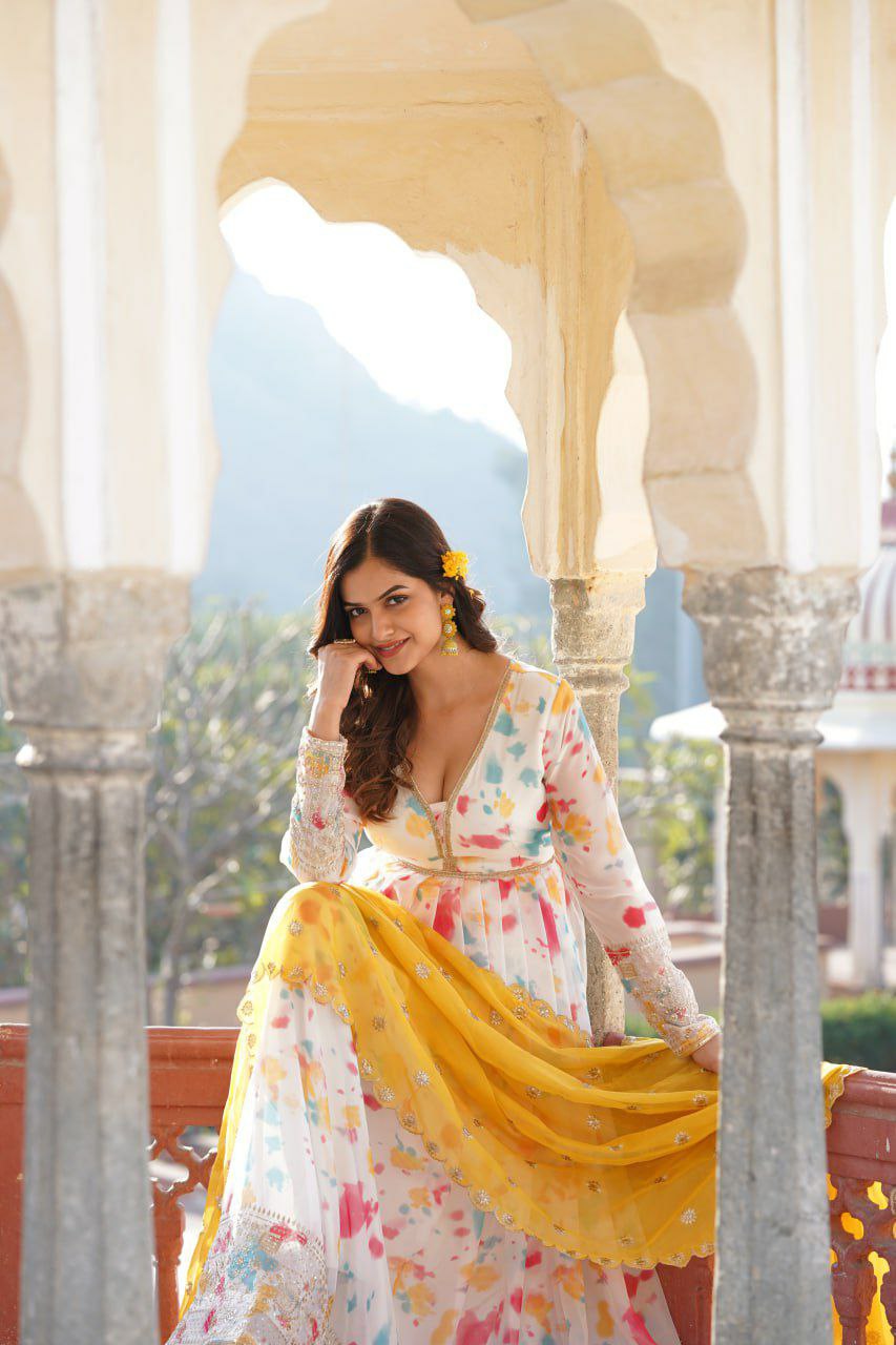 Anarkali suit set Digital printed Russian silk With  Embroidery Zari Sequins-work