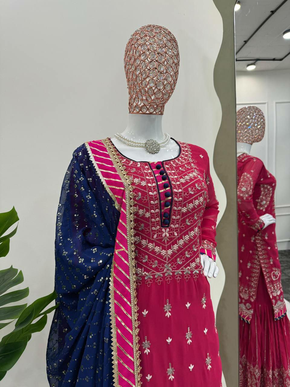 Perfect bridal sharara suit set Fabric :  Foux gorgette 
Inner  : Micro
Work   : thread with Sequnce  
Stich    : M(38),L(40),XL(42) with xxl margin