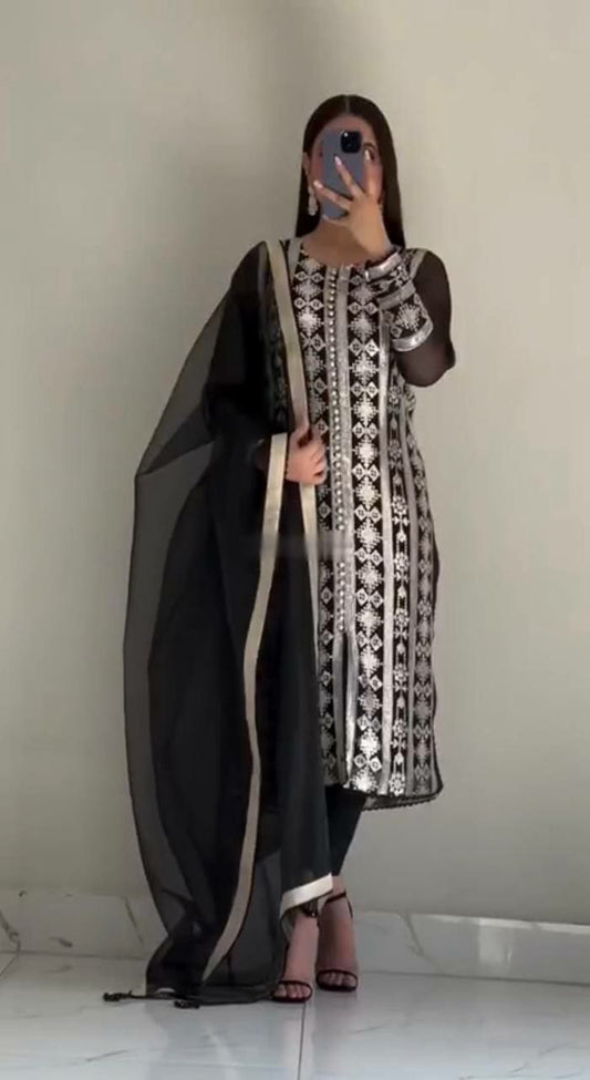 Designer suit set
FABRICE:-Heavy faux georgette 
WORK - Fancy Embroidery 5mmSequence Work with fancy GPO lace border 
SLEEVE :- Full Sleeve With embroidery 5mm sequence Work with fancy GPO lace border 
INNER :- Micro Cotton
