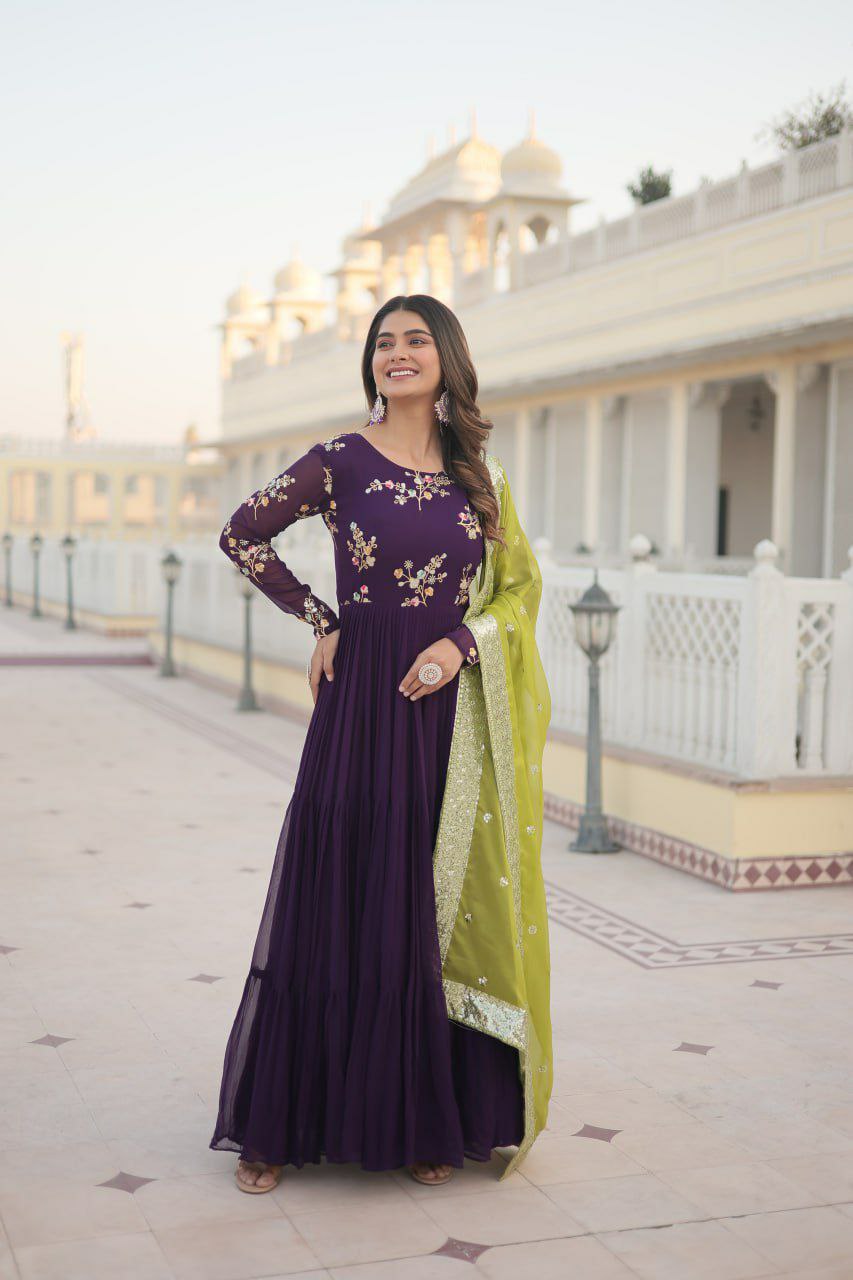 GOWN  set
FABRICS & Work :- Faux Georgette with Embroidered and Multi-Sequins work