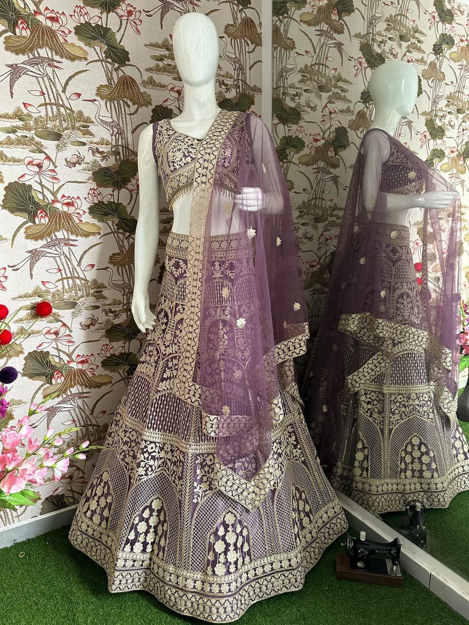 DESIGNER BRIDAL LEHENGA CHOLI                      EHNGA:HEAVY NET WITH EMBROIDERY SEQUENCE THREAD DESIGN WORK