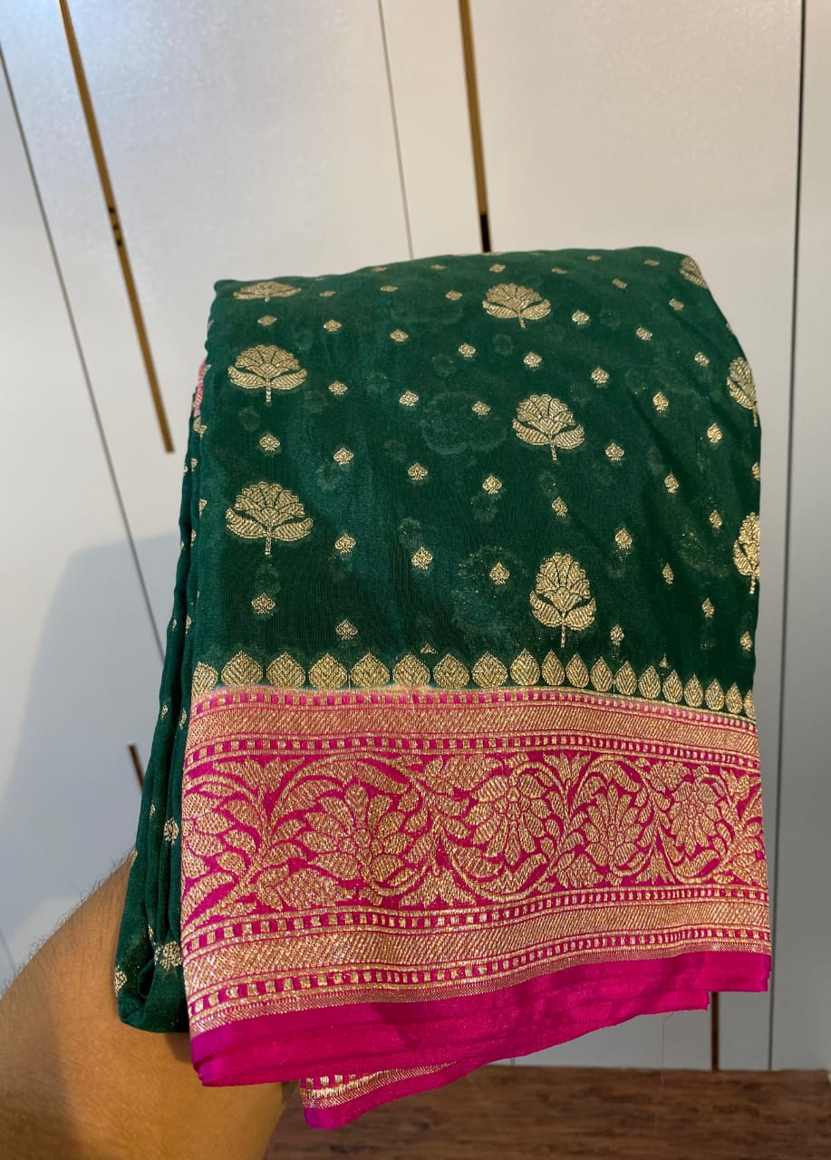 HANDWOVEN BANARASI DYEBLE KATAN GEORGET SAREE*